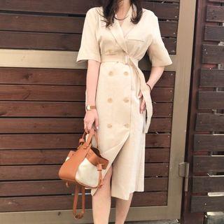 Short-sleeve Double-breasted Midi Dress