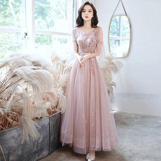 Cape-sleeve Sequin A-line Evening Gown