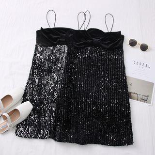Sequined Ribbon-accent Sleeveless Mini Dress