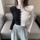 Long-sleeve Button Paneled Knit Top Black & White - One Size