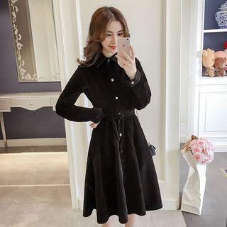 Corduroy Long-sleeve Midi Collared Dress