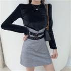 Set: Long-sleeve Velvet Top + Plaid Mini Fitted Skirt