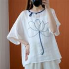 Floral Embroidered Frog-button Elbow-sleeve Blouse