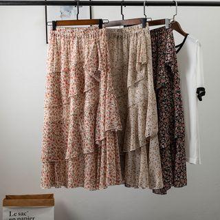 Floral Print Ruffle Midi A-line Skirt