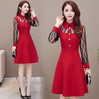 Lace Panel Long-sleeve Collared A-line Dress