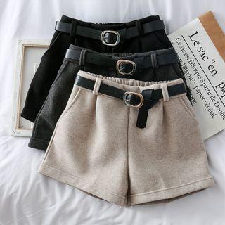 Elastic-waist Woolen Shorts With Belt