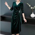 Long-sleeve Embellished Midi Velvet Dress