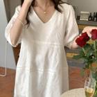 Elbow-sleeve V-neck A-line Dress White - One Size