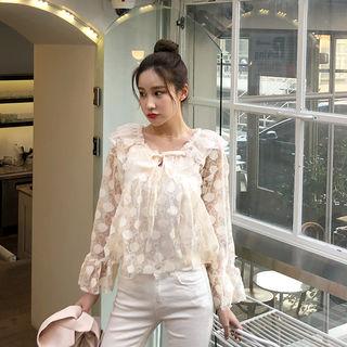 Set: Tie-neck Laced Top + Camisole Top Cream - One Size