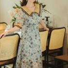 Short-sleeve Wide-collar Floral Embroidered Midi A-line Dress