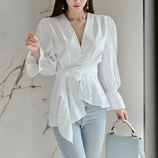 Puff-sleeve Tie-waist Asymmetrical Blouse