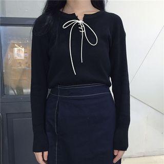 Lace-up Long-sleeve Knit Top
