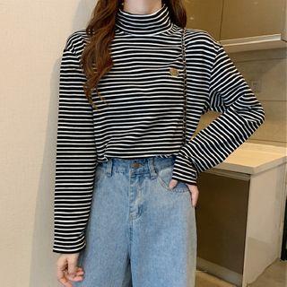 Long-sleeve Striped Lettering Embroidered Mock-neck Top