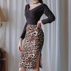 Set: V-neck Long-sleeve Top + Leopard Pencil Skirt