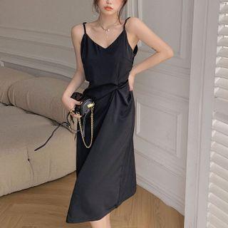 Spaghetti Strap V-neck Draped Satin Dress