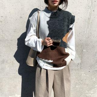 Color-block Ripped Knit Vest Charcoal Gray - One Size