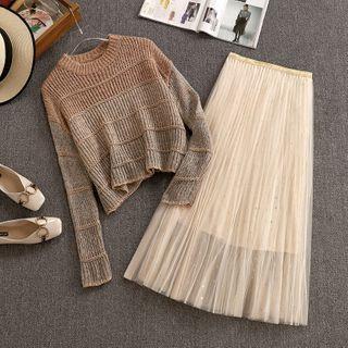 Set: Ombre Sweater + Midi Mesh Skirt Set - Almond - One Size