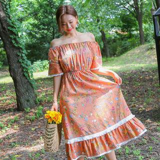 Off-shoulder Gathered Long Floral Dress