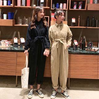 Corduroy Collared Long-sleeve Cropped Jumpsuit