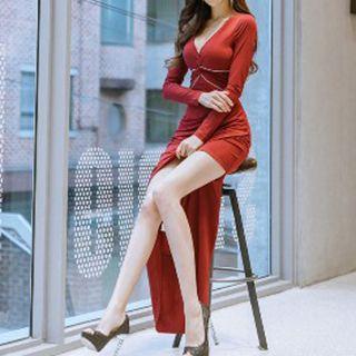 V-neck Slit-side Sheath Dress