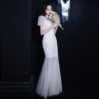 Puff-short-sleeve Mesh Panel Mermaid Evening Gown