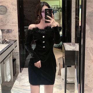 Fluffy Long-sleeve Mini Sheath Dress Black - One Size