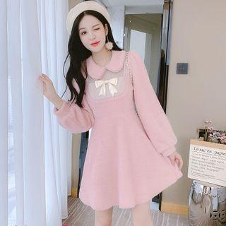 Long-sleeve Collared Bow Mini A-line Dress