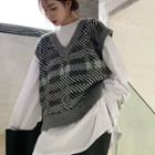 Long-sleeve T-shirt / Plaid Knit Vest