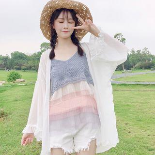 Long Light Jacket / Color Block Knit Cami Top