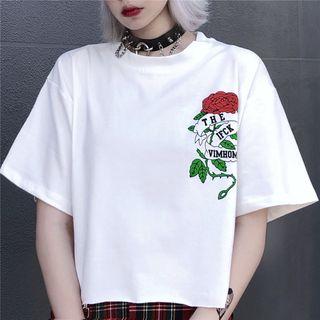 Rose Printing Short-sleeve Cropped T-shirt