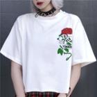 Rose Printing Short-sleeve Cropped T-shirt