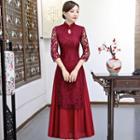 Traditional Chinese 3/4-sleeve Lace Paneled A-line Midi Dress