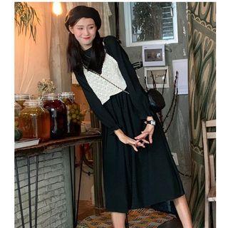 Crochet Knit Camisole Top / Mock-neck Long-sleeve Midi A-line Dress