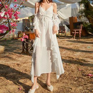Cold-shoulder Ruffle Trim Midi A-line Dress