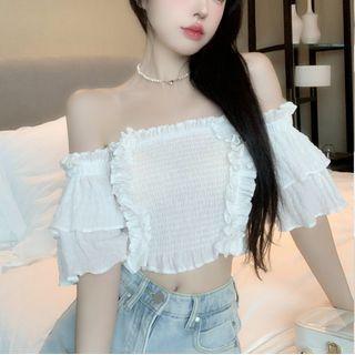 Elbow-sleeve Off-shoulder Crinkle Blouse