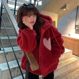 Heart Print Fleece Zip-up Hoodie