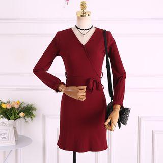 Gathered-waist Long-sleeve V-neck Plain A-line Dress