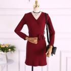 Gathered-waist Long-sleeve V-neck Plain A-line Dress