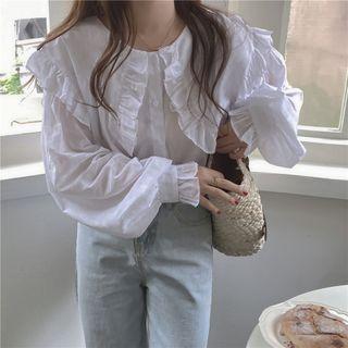 Bell-sleeve Collared Ruffle Trim Blouse White - One Size