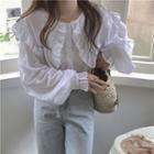 Bell-sleeve Collared Ruffle Trim Blouse White - One Size