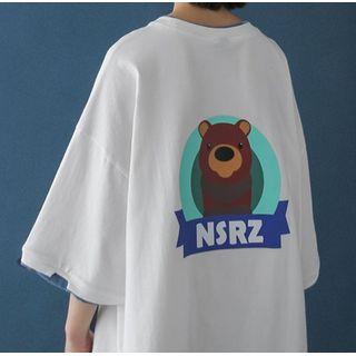 Mock Two-piece Bear Print Elbow-sleeve T-shirt