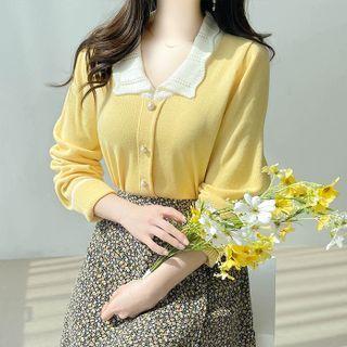 Contrast-collar Pointelle Cardigan