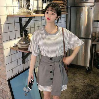 Set: Short-sleeve Striped Long T-shirt + Button A-line Skirt