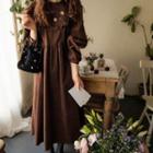 Button-back Floral Embroidered Corduroy Dress Brown - One Size