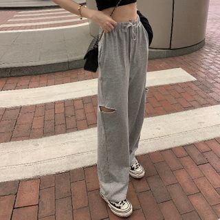 Tube Top / Plain Cardigan / Distressed Straight-fit Pants