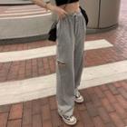 Tube Top / Plain Cardigan / Distressed Straight-fit Pants