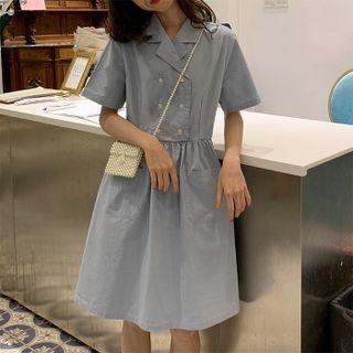 Elbow-sleeve Notch Lapel A-line Dress