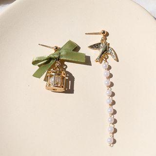 Bird & Cage Faux Pearl Ribbon Asymmetrical Dangle Earring