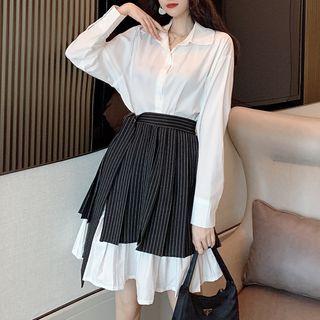 Set: Long-sleeve A-line Shirt Dress + Striped Wrap Skirt