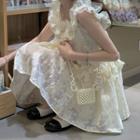 Sleeveless Ruffle Trim Lace Dress White - One Size